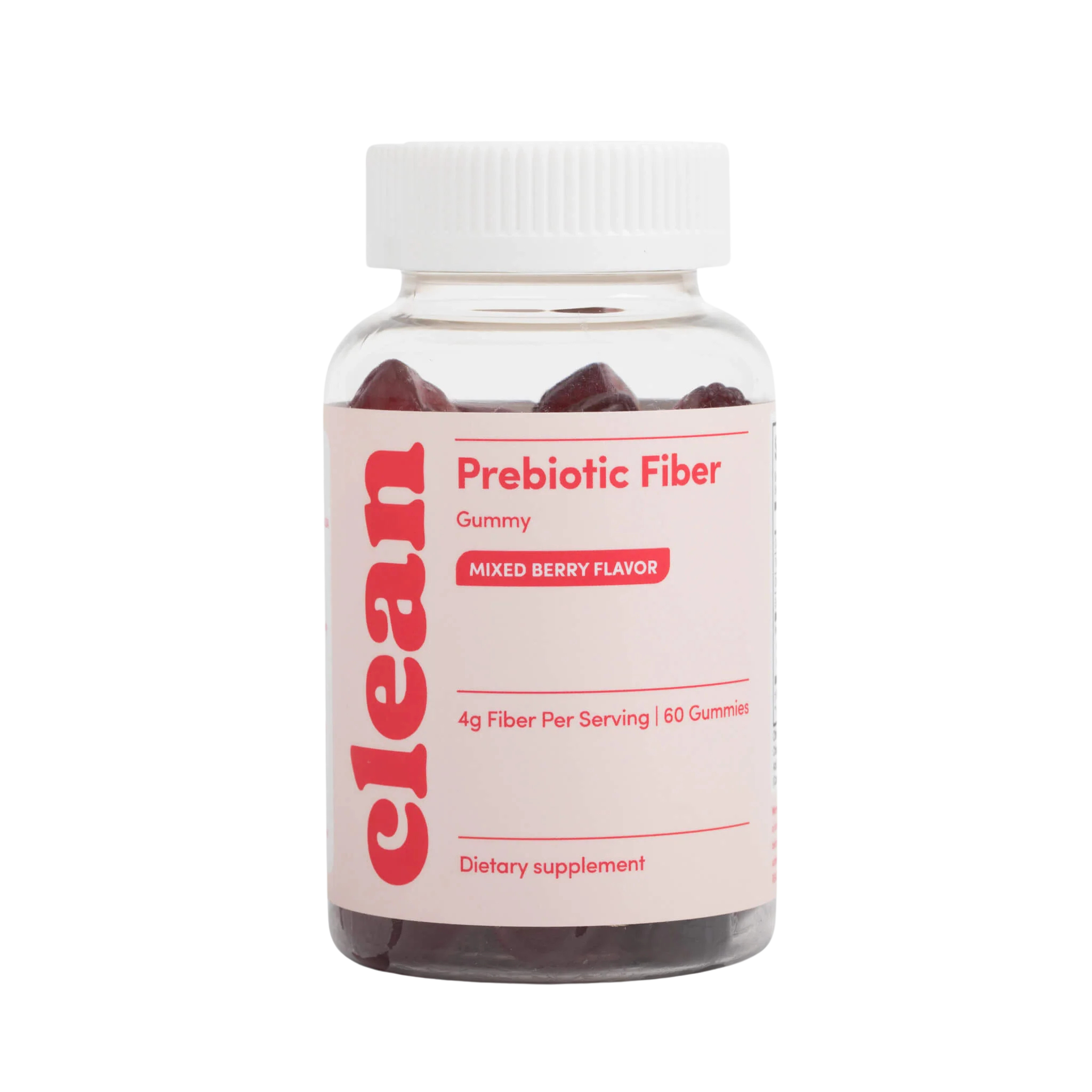Bottle of Clean Prebiotic Fiber Gummies, mixed berry flavor, with benefits listed on the side.