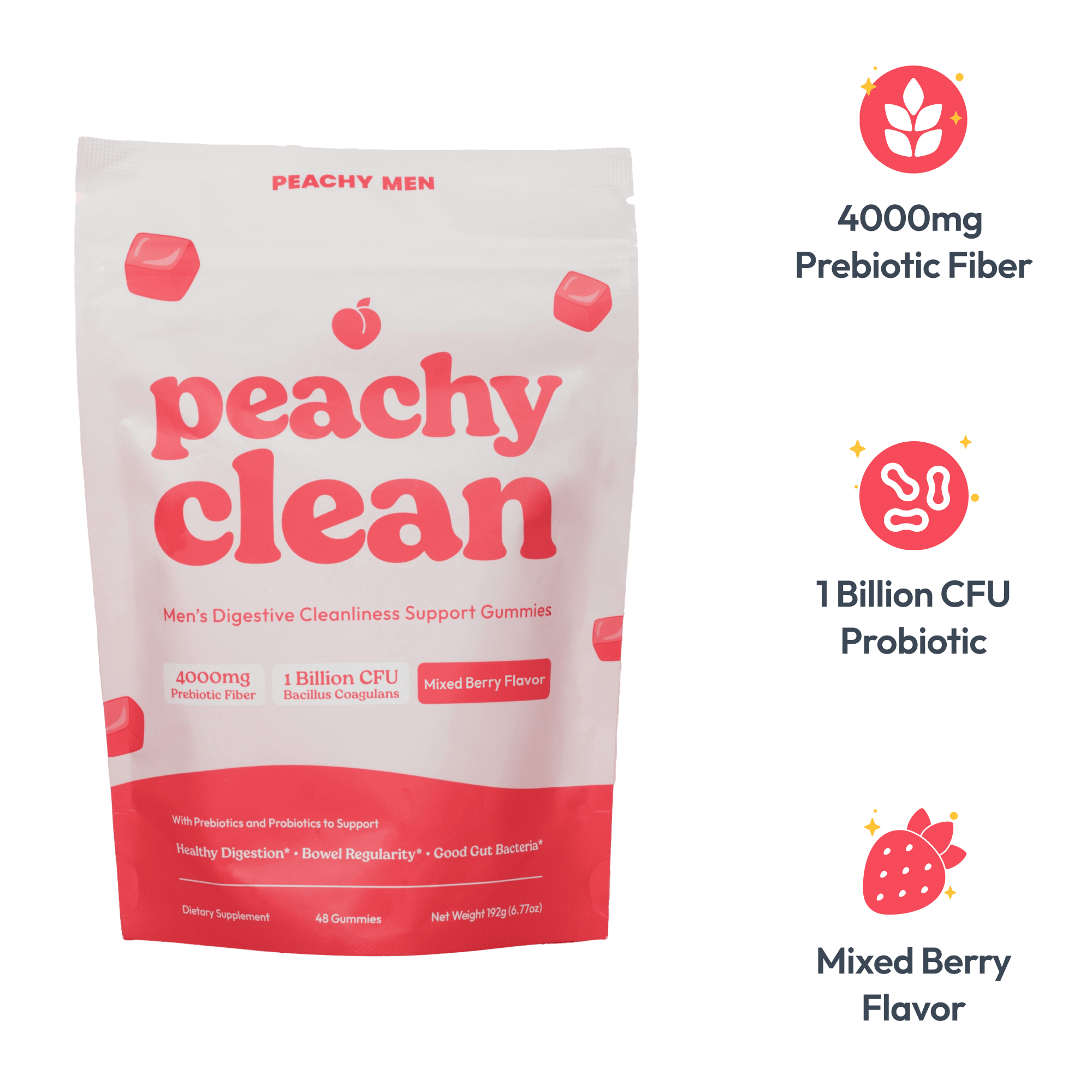 Bottle of Clean Prebiotic Fiber Gummies, mixed berry flavor, with benefits listed on the side.