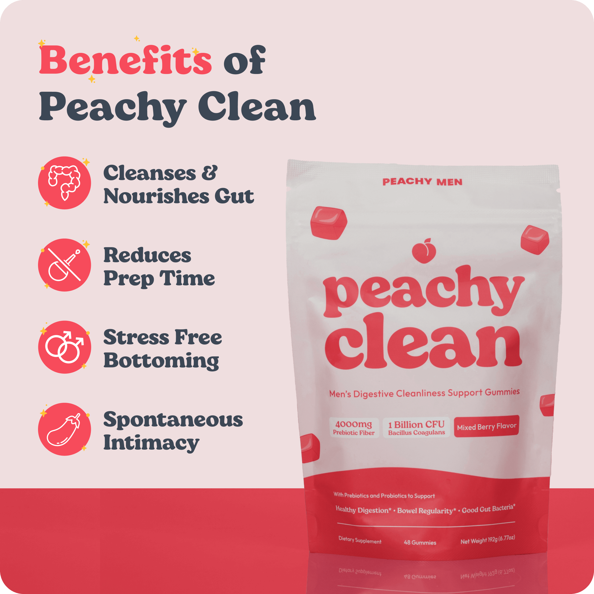 Bottle of Clean Prebiotic Fiber Gummies, mixed berry flavor, with benefits listed on the side.