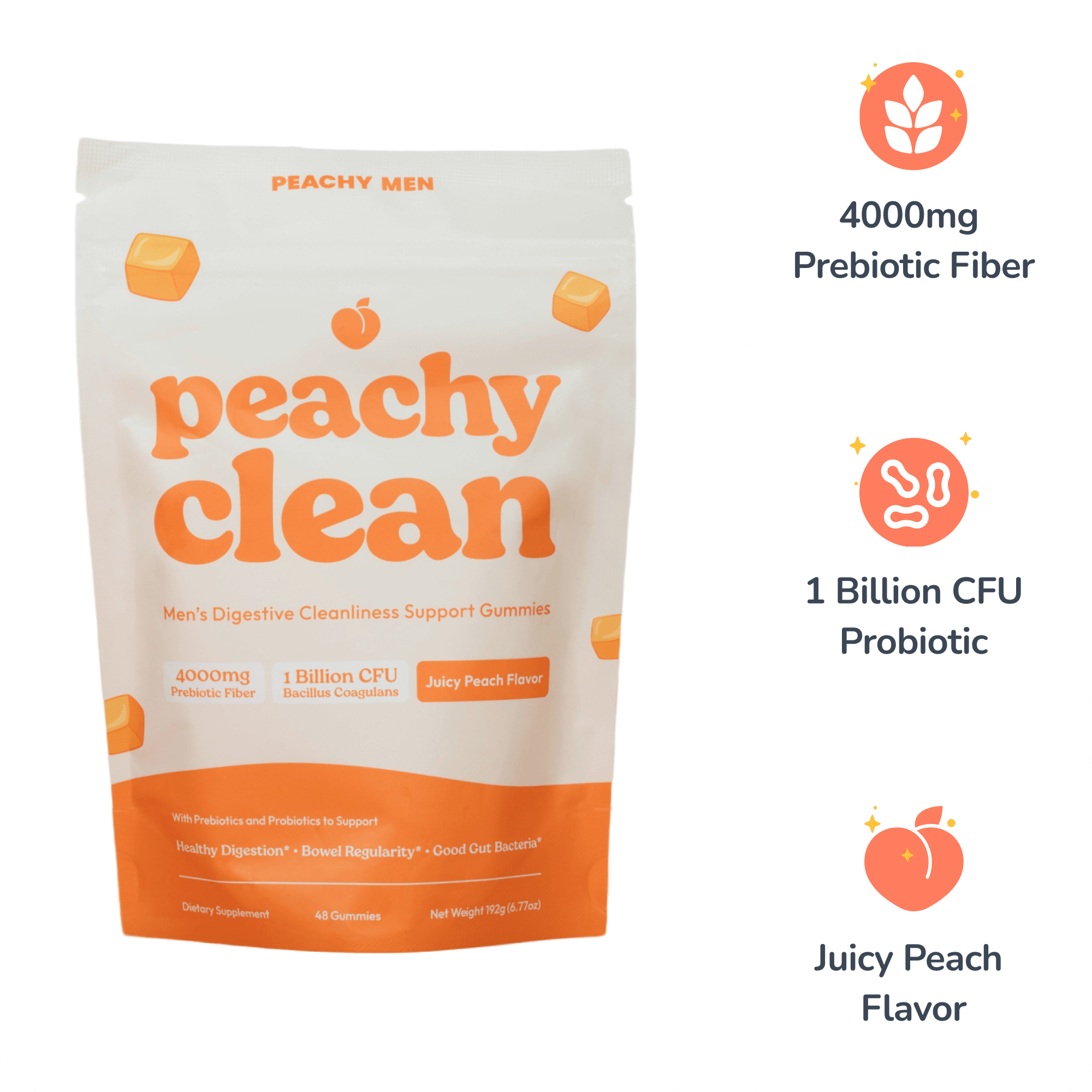 Bottle of Clean Prebiotic Fiber Gummies, mixed berry flavor, with benefits listed on the side.