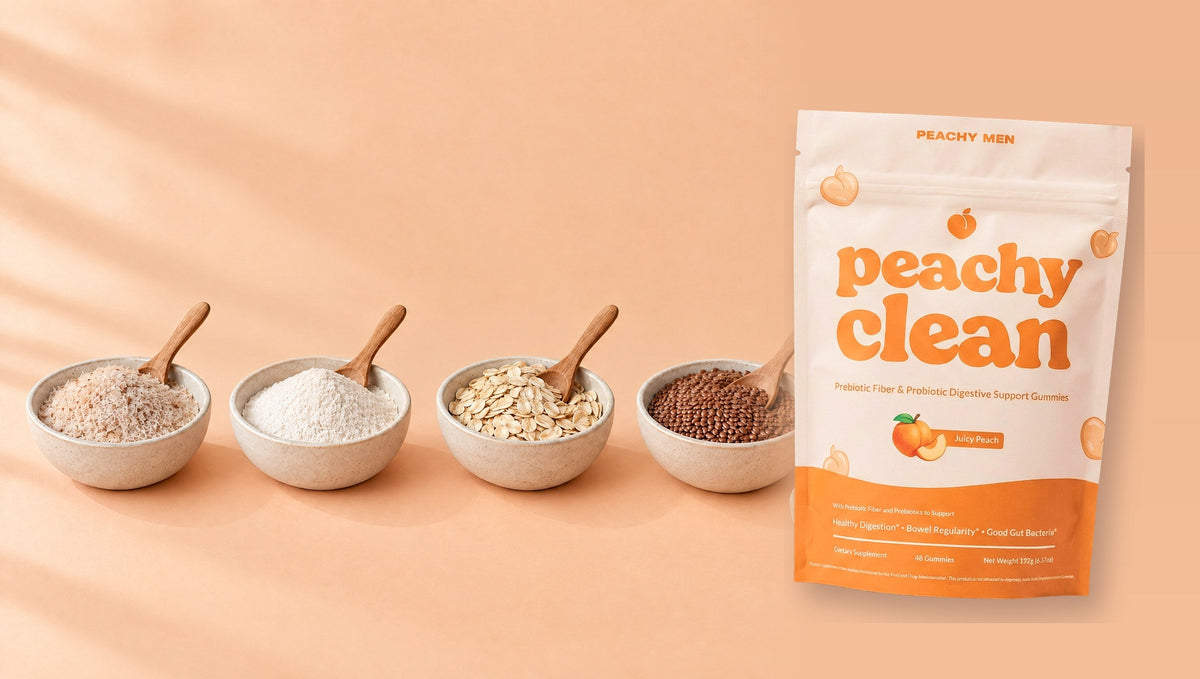 Dishes of psyllium, fiber powder, oats and flax next to the Peachy Clean bag
