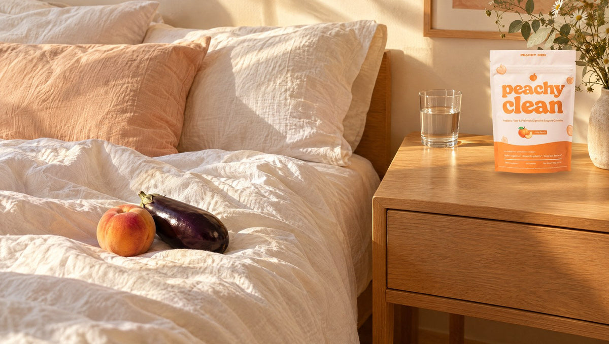 Peachy Clean on a nightstand with a peach and an eggplant on the bed