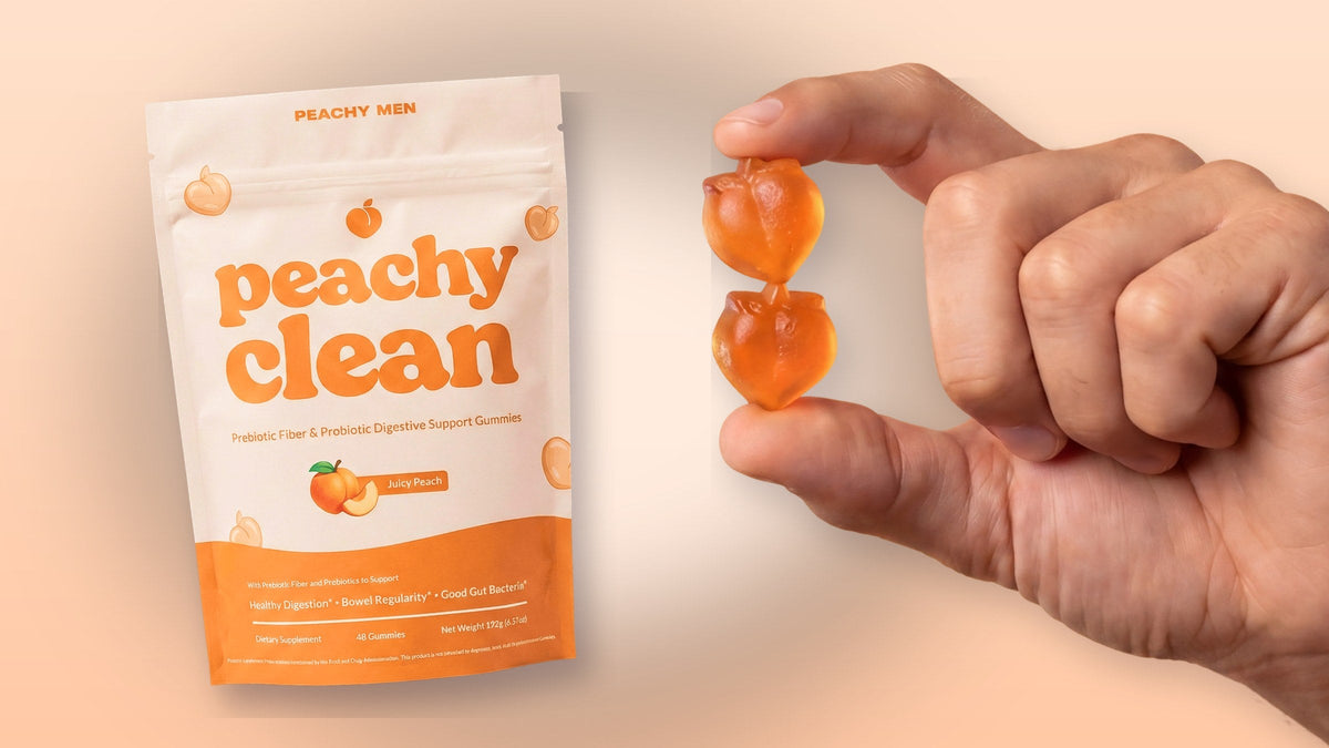 Hand holding two Peachy Clean gummies next to the Peachy Clean bag