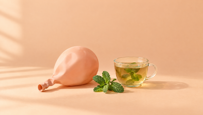 Deflated peach balloon beside mint and a cup of herbal tea