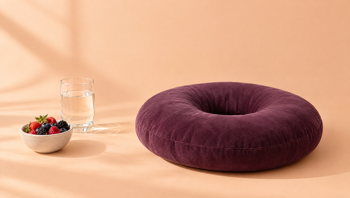 Plum ring cushion with berries and a glass of water