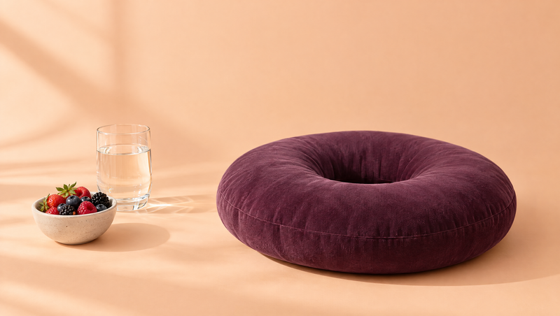 Plum ring cushion with berries and a glass of water