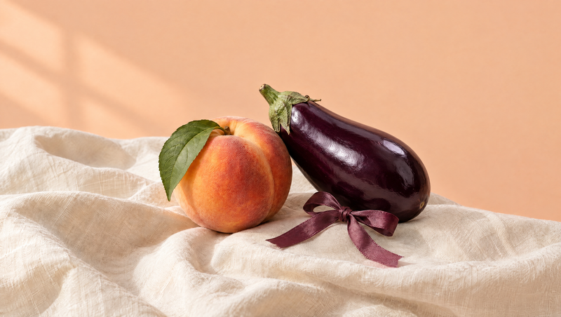 A peach and an eggplant on soft linen with a plum ribbon