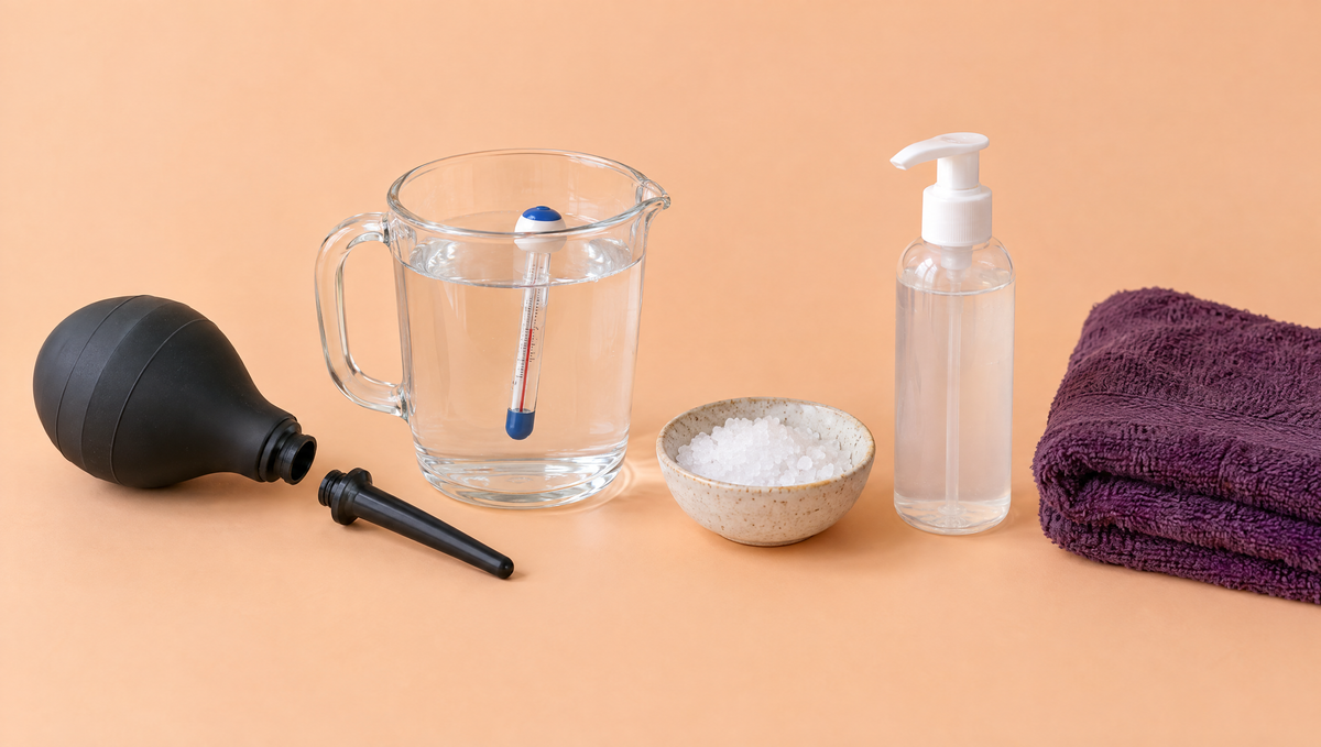Douche bulb, jug of lukewarm water with thermometer, salt, lube and towel