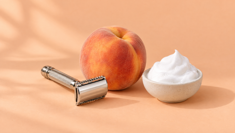 A ripe peach beside a safety razor and a small dish of shaving foam