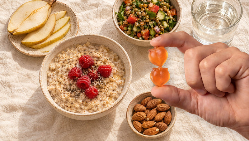 High-fiber foods with a hand holding two Peachy Clean gummies