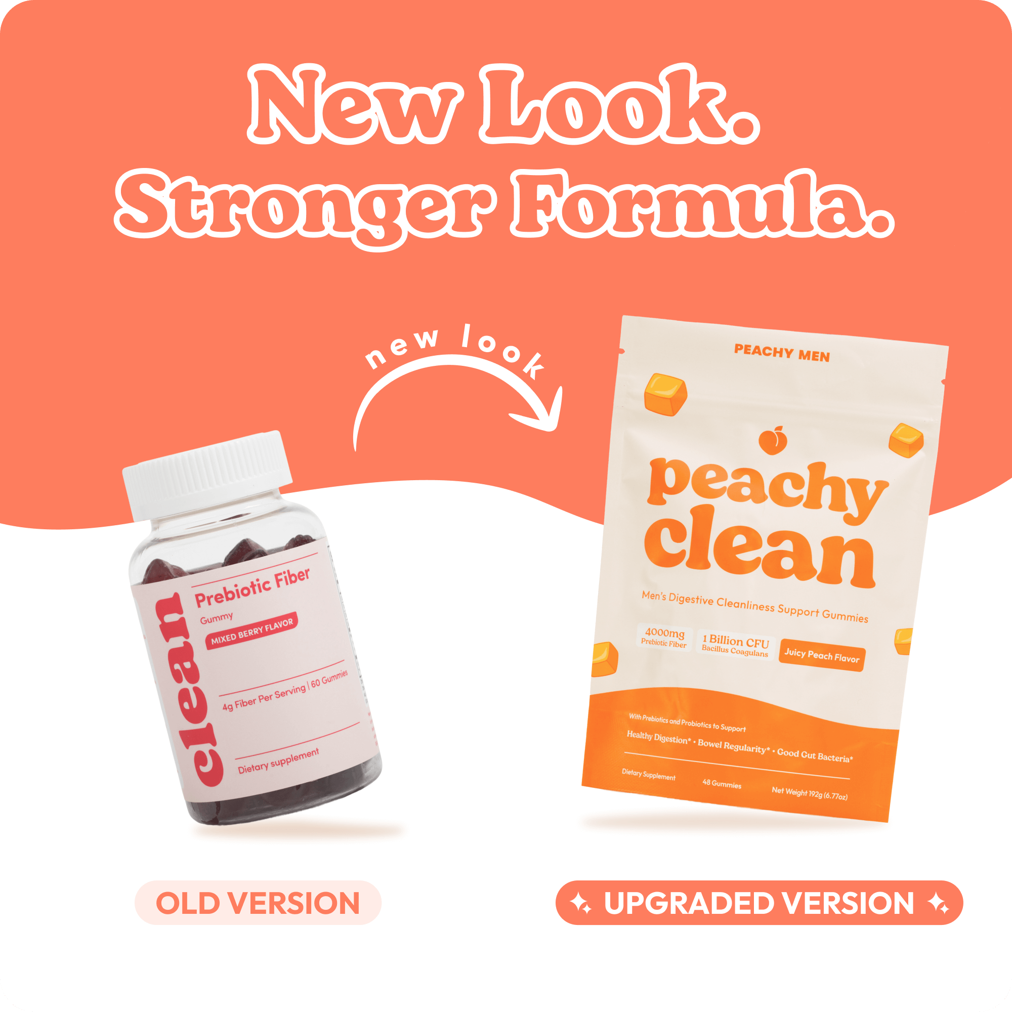Bottle of Clean Prebiotic Fiber gummies, mixed berry flavor, with product highlights.