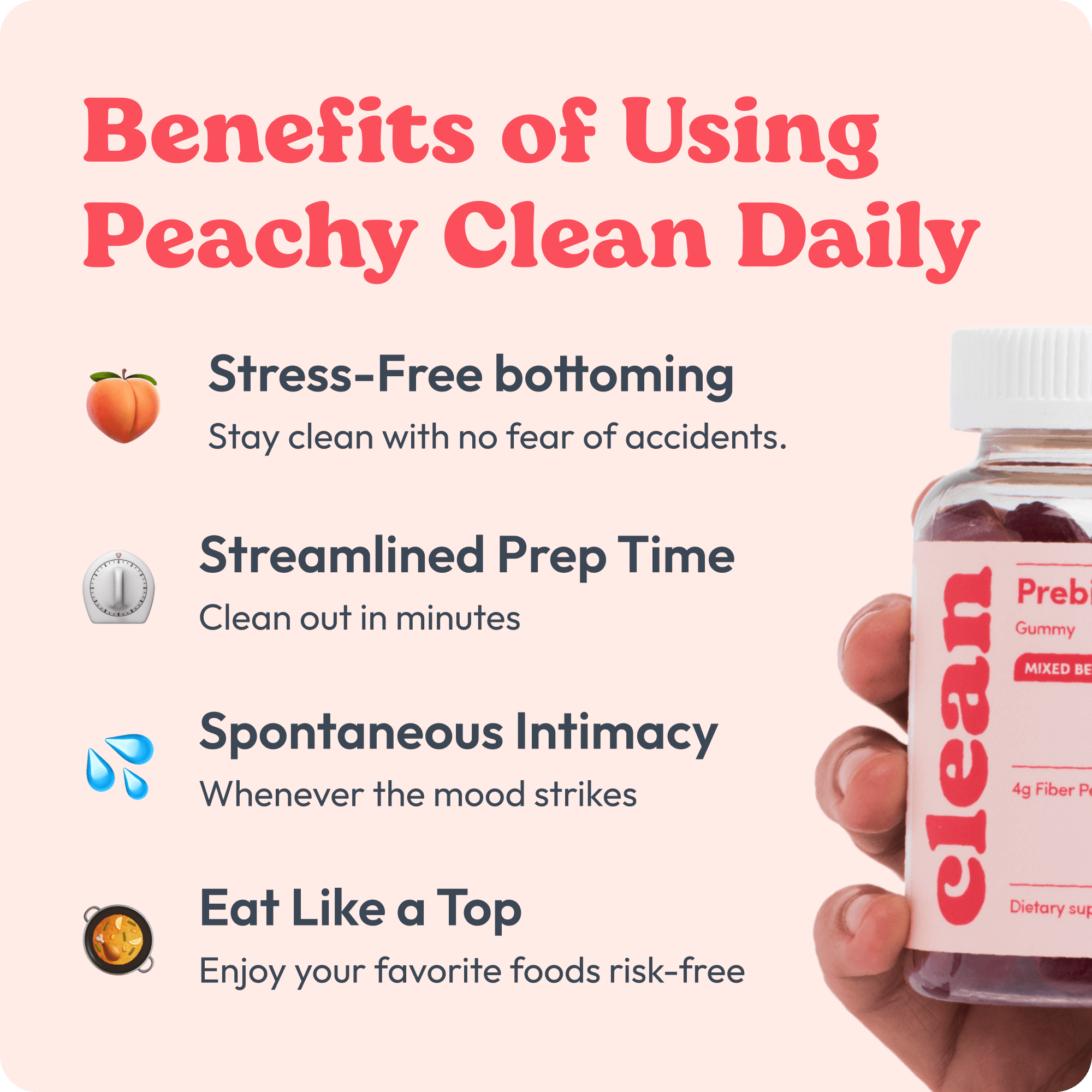 Bottle of Clean Prebiotic Fiber Gummies, mixed berry flavor, with benefits listed on the side.
