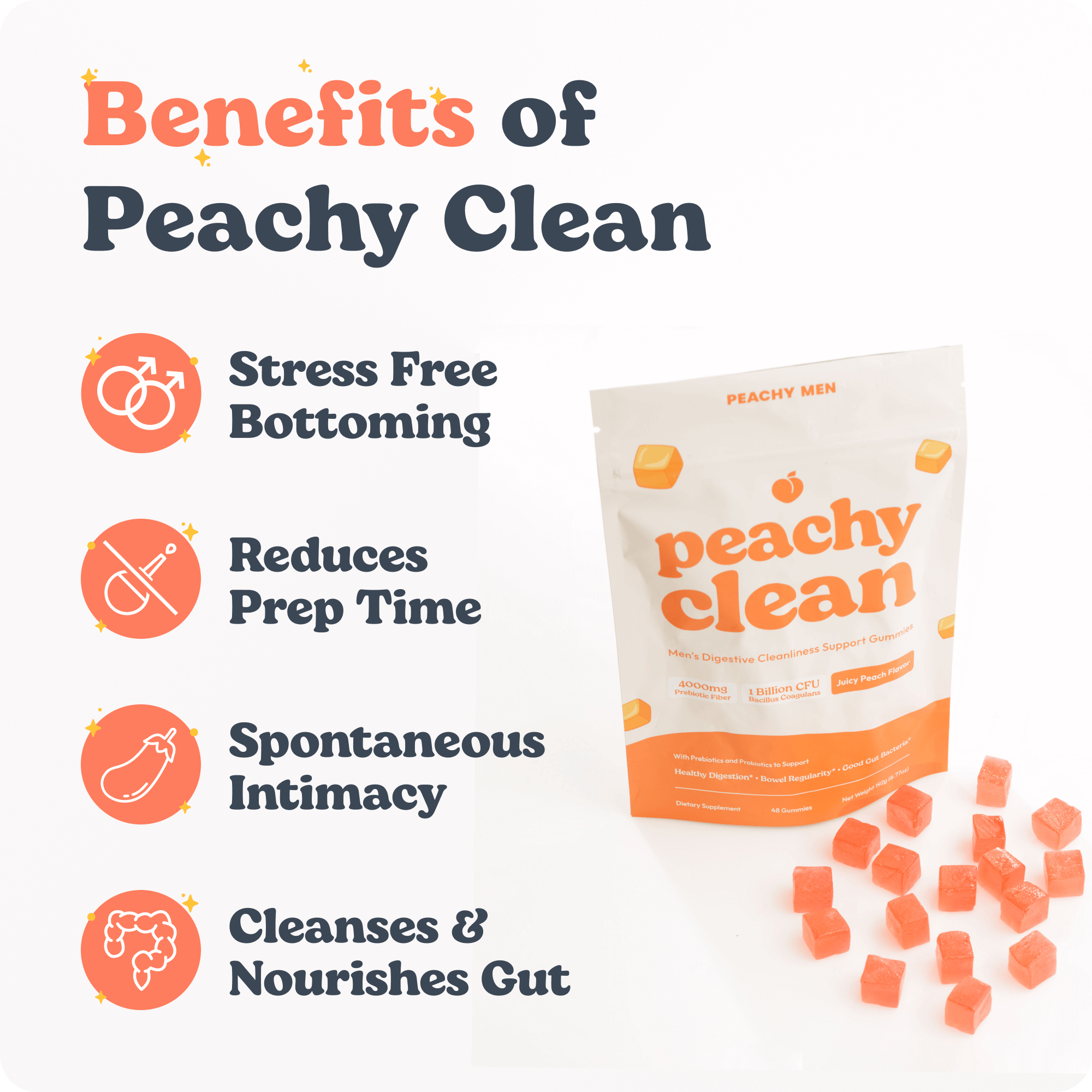 Bottle of Clean Prebiotic Fiber gummies, mixed berry flavor, with product highlights.