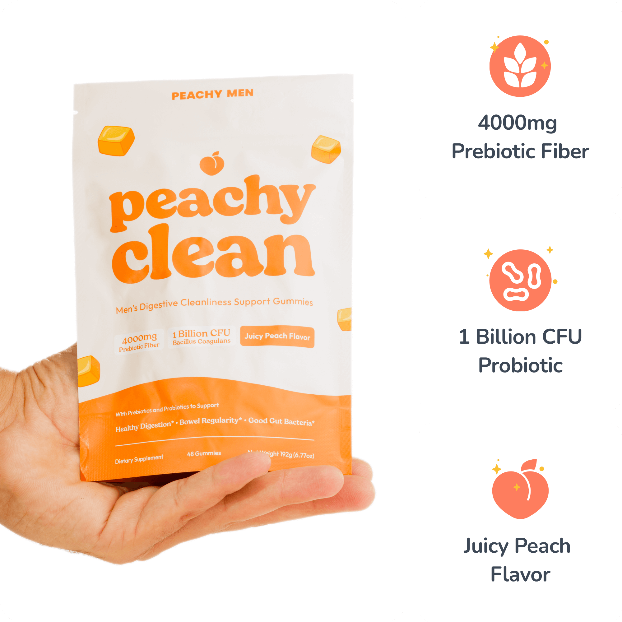 Bottle of Clean Prebiotic Fiber gummies, mixed berry flavor, with product highlights.
