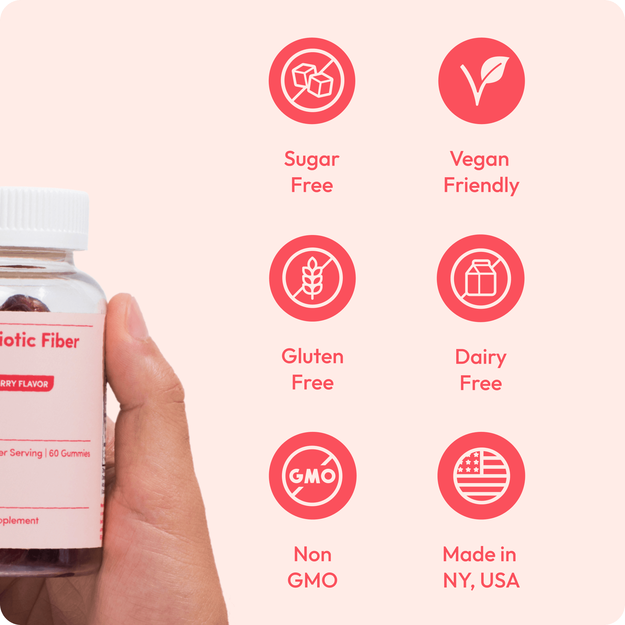 Bottle of Clean Prebiotic Fiber Gummies, mixed berry flavor, with benefits listed on the side.
