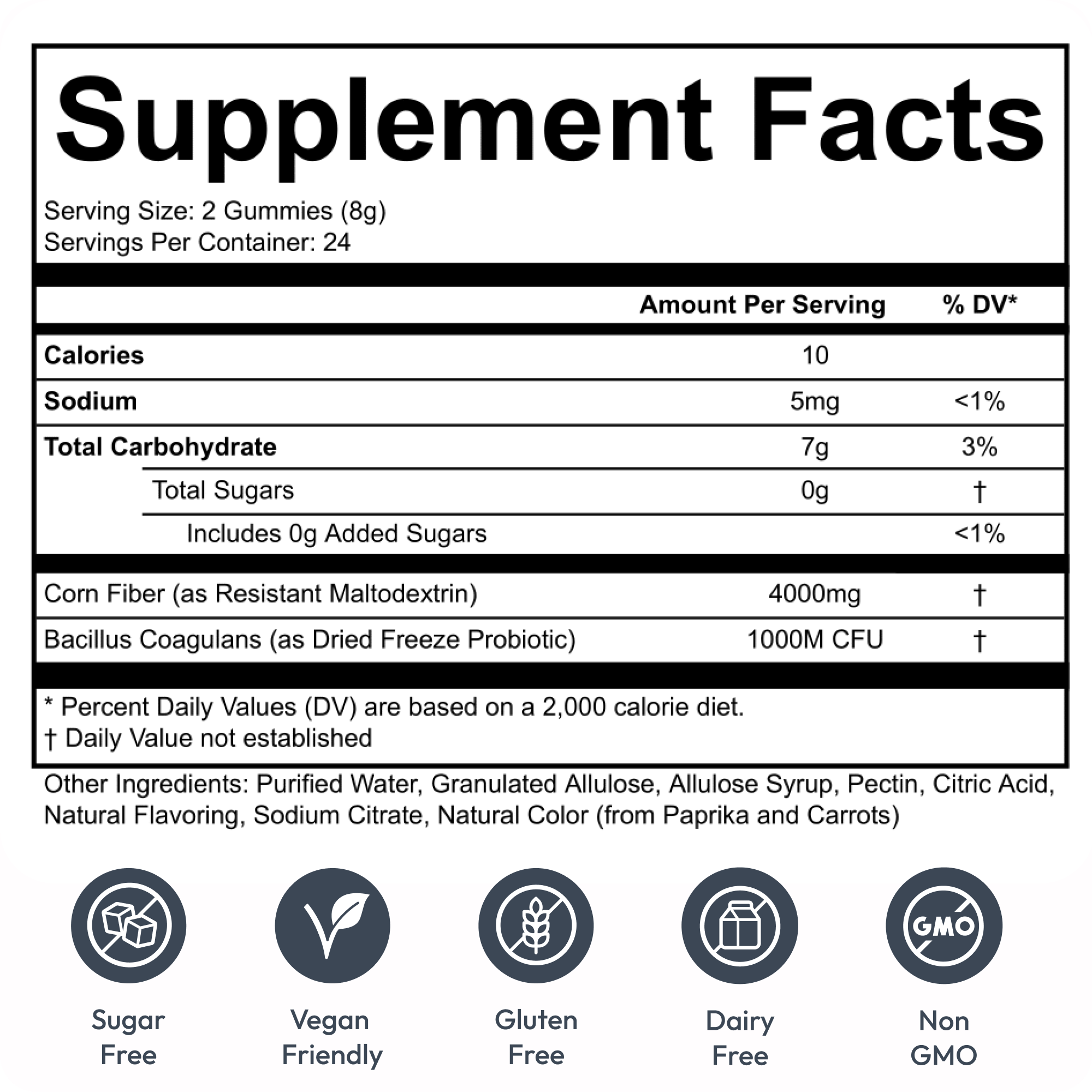 Bottle of Clean Prebiotic Fiber gummies, mixed berry flavor, with product highlights.