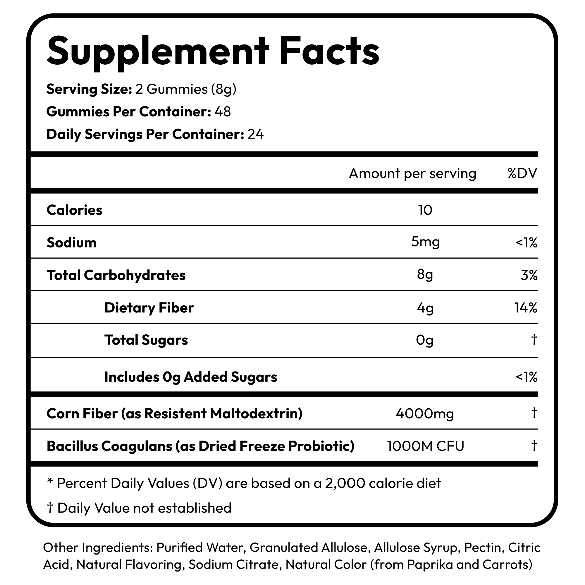 Bottle of Clean Prebiotic Fiber gummies, mixed berry flavor, with product highlights.