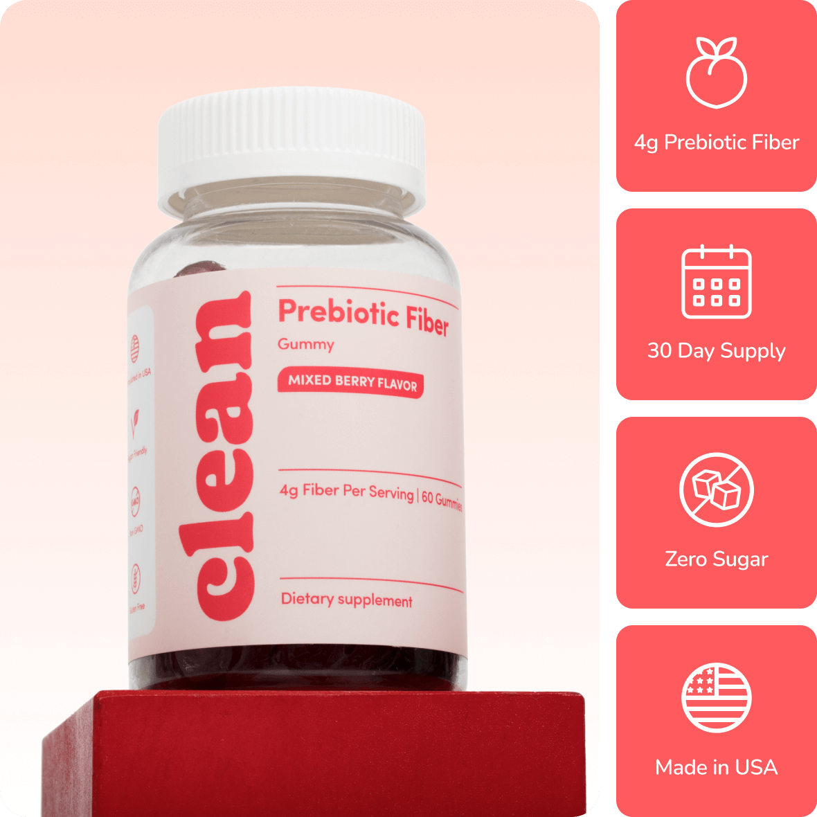 Bottle of Clean Prebiotic Fiber gummies, mixed berry flavor, with product highlights.