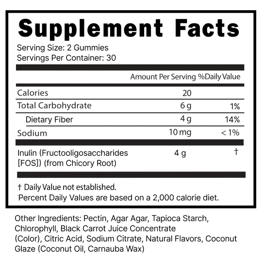 Bottle of Clean Prebiotic Fiber Gummies, mixed berry flavor, with benefits listed on the side.