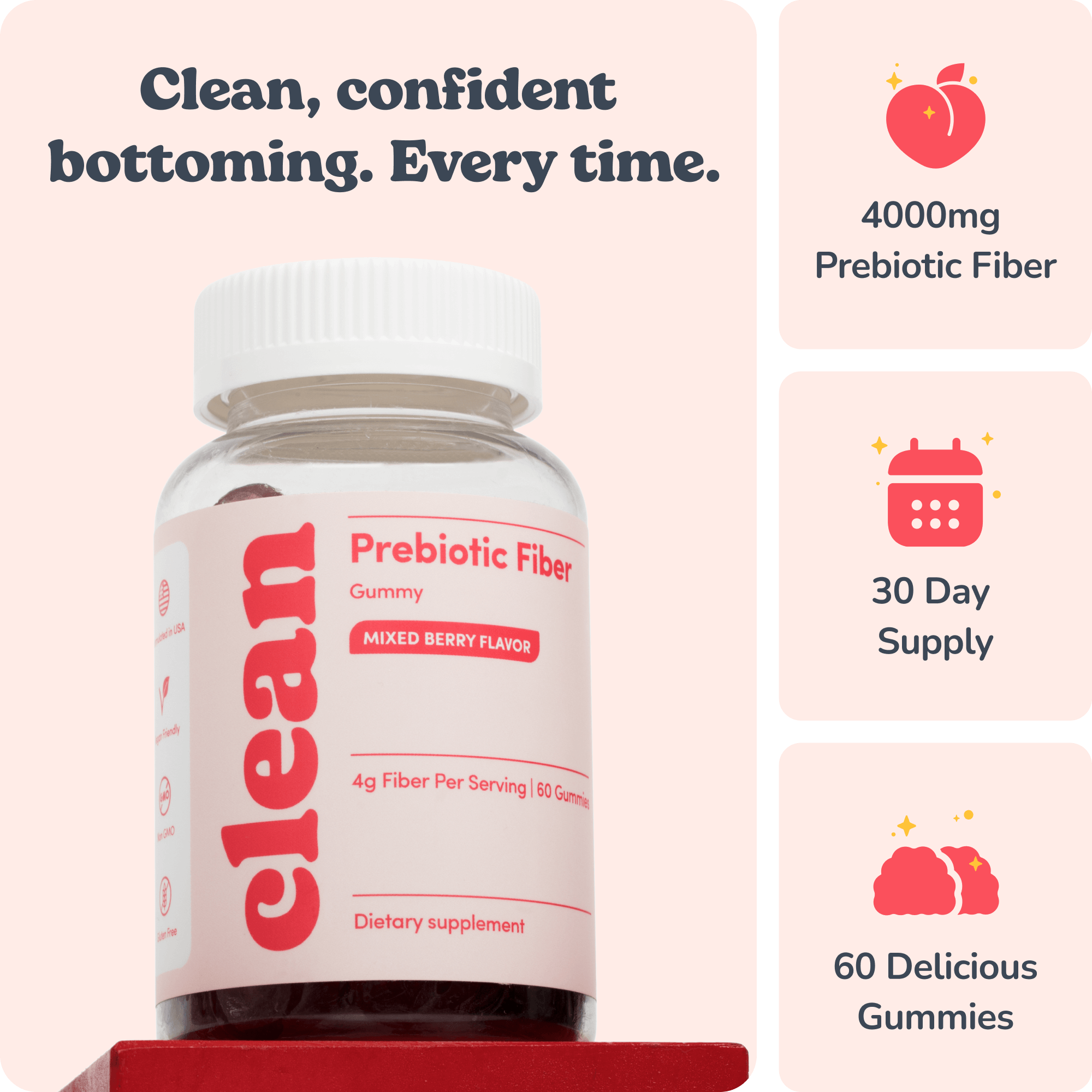 Bottle of Clean Prebiotic Fiber gummies, mixed berry flavor, with product highlights.