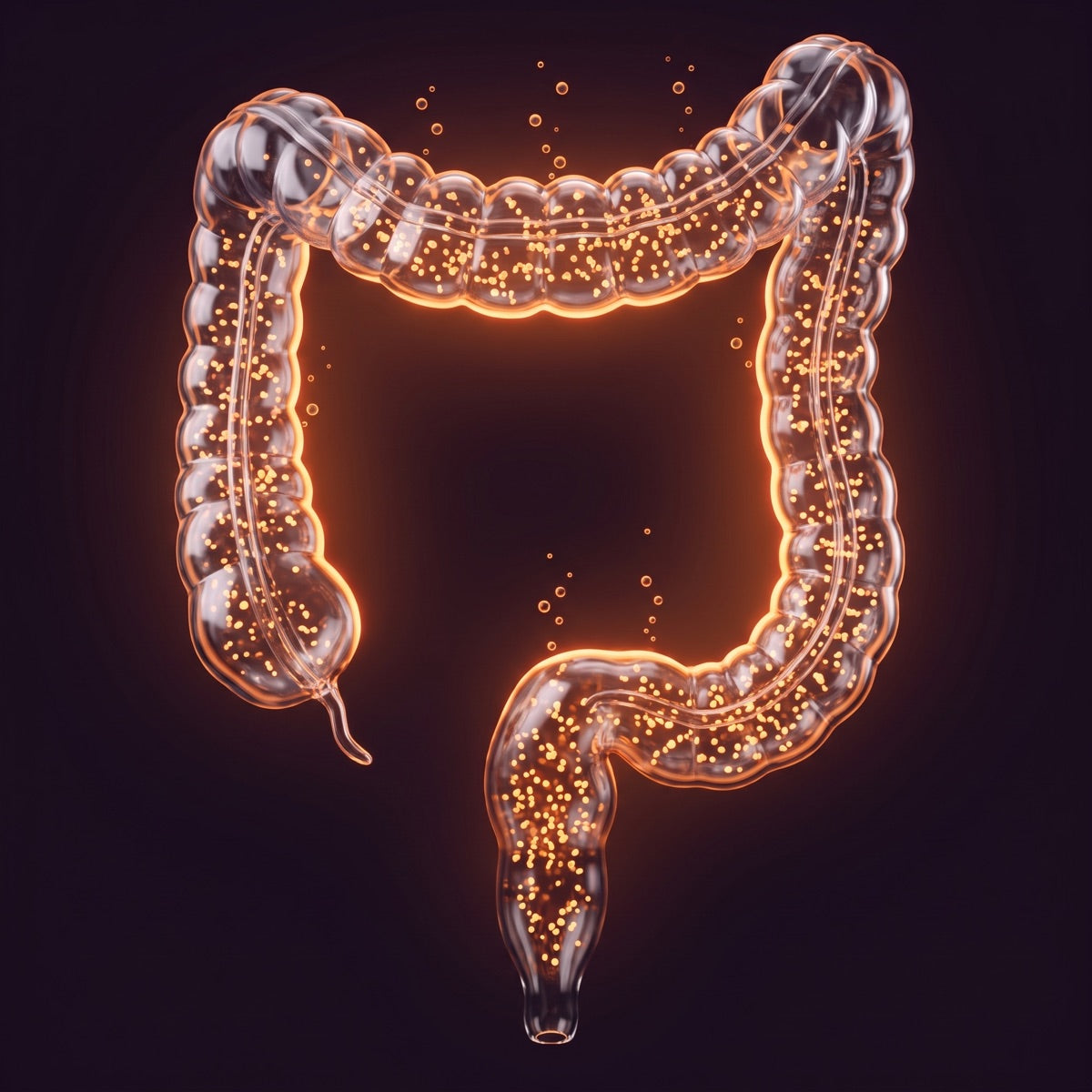 Render de cristal de un colon lleno de bacterias intestinales luminosas